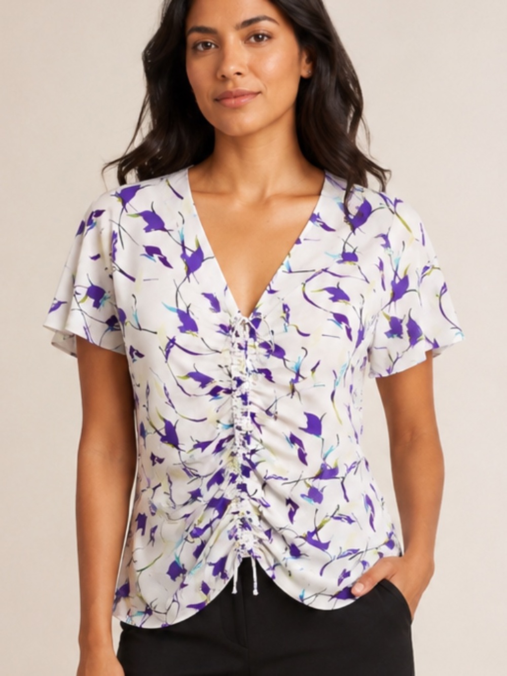 Lewit Ruched-Front Silk Floral Blouse | Size M | New With Tags